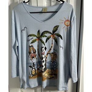 Jess And Jane Top Dogs Beach Aloha Blue Large Cotton Made In Usa